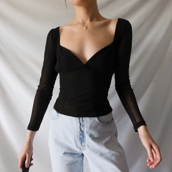 Vintage Tops - vintage 90s y2k black noir layered mesh sweetheart bustier style long sleeve blo